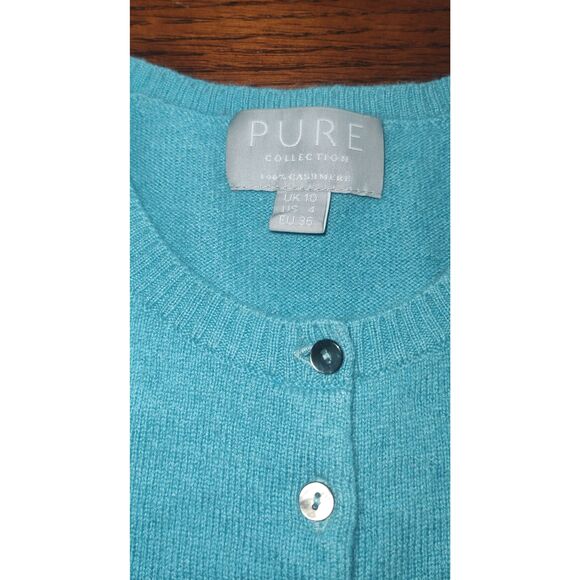 Pure Collection Women's Cardigan UK 10 US 4 Teal 100% Cashmere Round Neck Cardig - Picture 2 of 11
